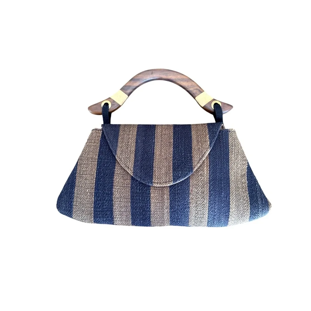Woven Straw Striped Handbag Black Brown Wood Top Handle Bag purse vintage style